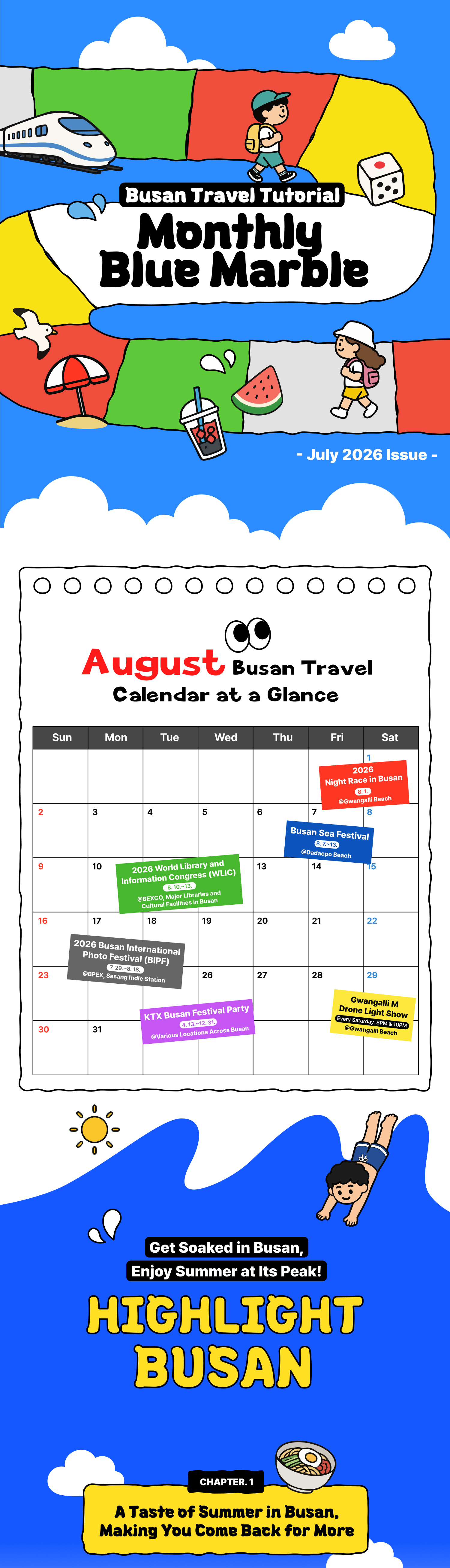 Monthly Blue Marble · July 2026 issue · Busan Travel Calendar at a Glance (August) · HIGHLIGHT BUSAN