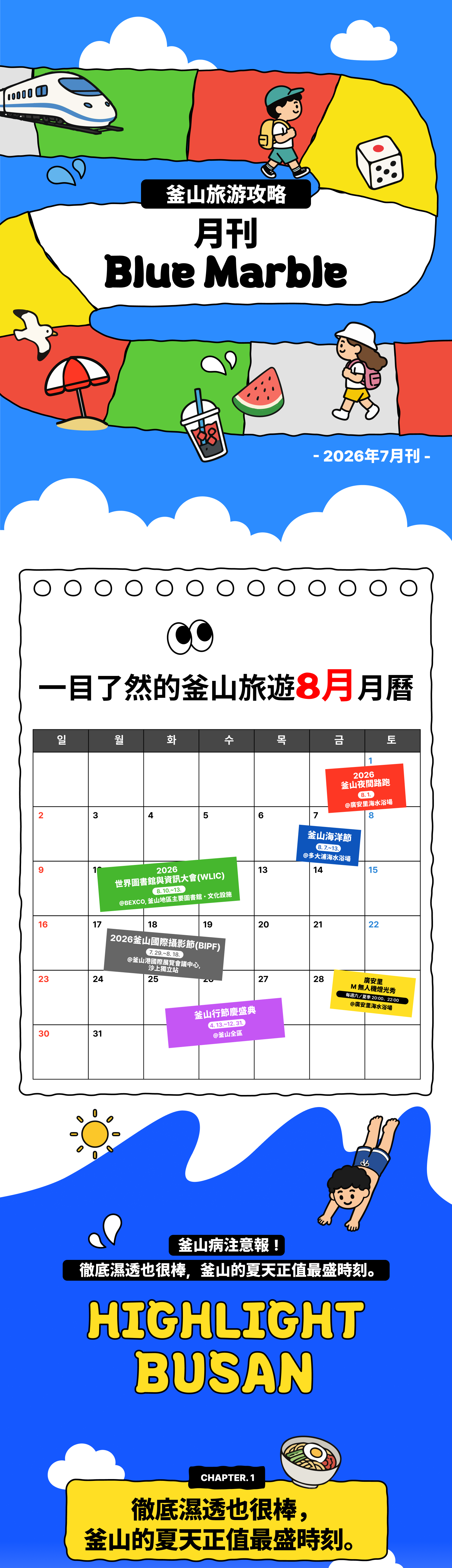 月刊 Blue Marble 2026年7月號 · 一目了然的釜山旅行日曆(8月) · HIGHLIGHT BUSAN