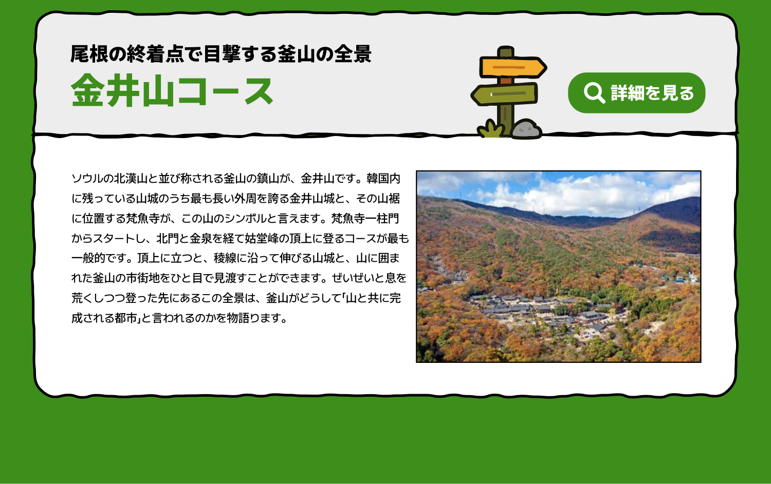 尾根の終着点で目撃する釜山の全景 金井山コース(詳細を見る)