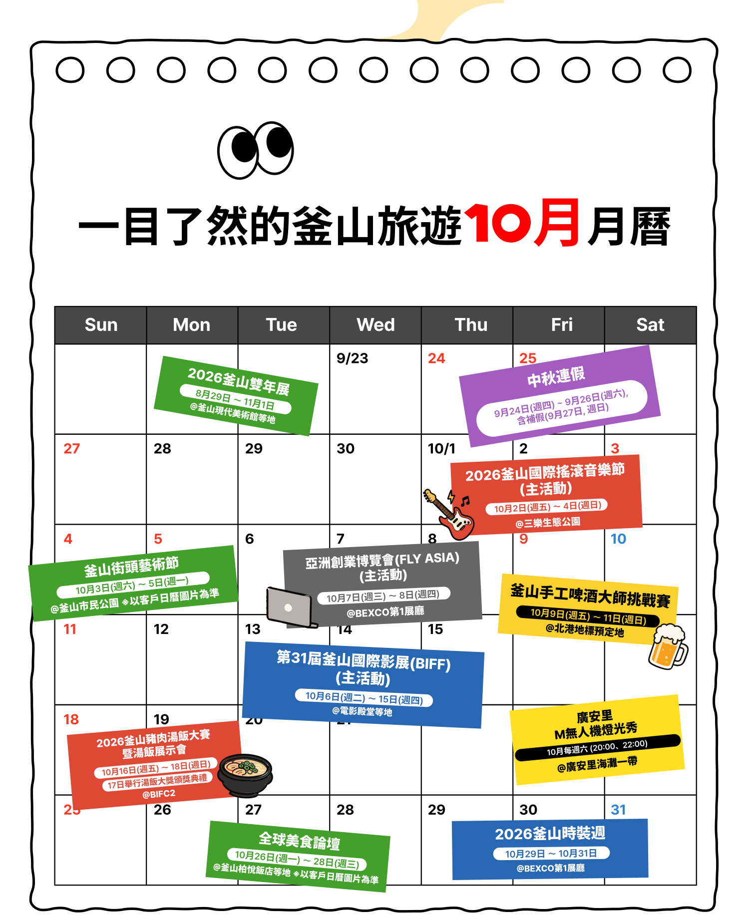 中秋連假 2026釜山國際搖滾音樂節（主活動） 第31屆釜山國際影展（BIFF）（主活動） 亞洲創業博覽會（FLY ASIA）（主活動） 釜山手工啤酒大師挑戰賽 2026釜山豬肉湯飯大賽暨湯飯展示會 釜山街頭藝術節 全球美食論壇 廣安里M無人機燈光秀 2026釜山雙年展 2026釜山時裝週